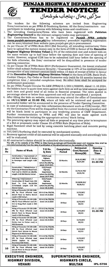 Punjab Highway Department Vehari Tender Notice